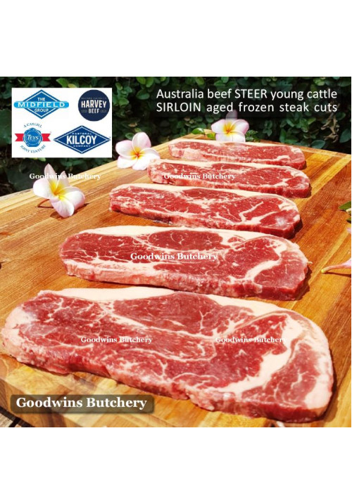 Beef Sirloin AGED BY GOODWINS Australia STEER young cattle (Striploin / New York Strip / Has Luar) frozen brand Harvey/Midfield STEAK 1cm 3/8" for schnitzel (price /600gr 4-5pcs)